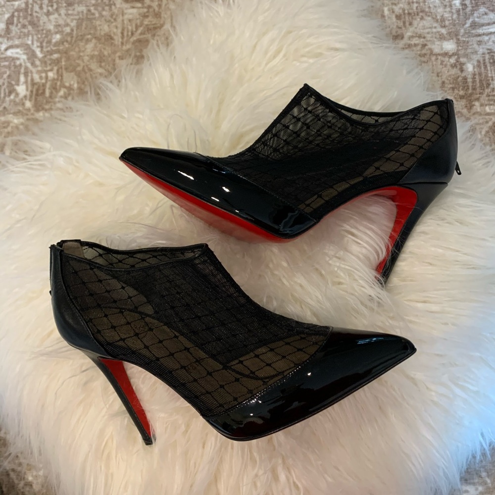 Christian Louboutin patent and mesh bootie